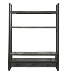 LUZ-Meuble TV haut 3 tiroirs, bois de Manguier massif noir et métal